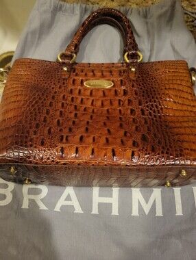 Brahmin Pecan Brown 11 x 8.5 Inch Croc-Embossed Satchel with Gold Hardware